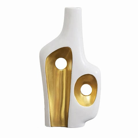 Vase de luxe art abstrait blanc et doré modèle A fond blanc