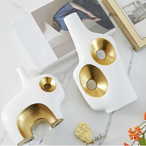 Vase de luxe art abstrait blanc et doré en porcelaine présentation modèles A et B couchés