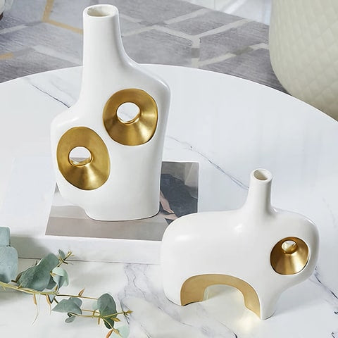 Vase de luxe art abstrait blanc et doré en porcelaine présentation modèles A et B mise en scène
