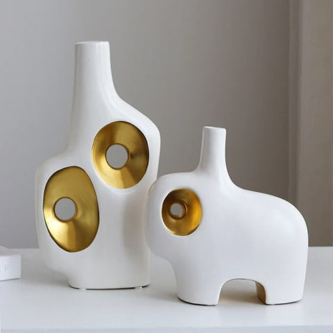 Vase de luxe art abstrait blanc et doré en porcelaine présentation modèles A et B
