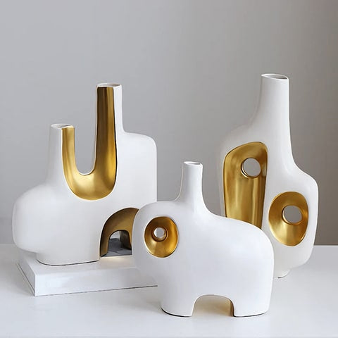 Vase de luxe art abstrait blanc et doré en porcelaine présentation tous les modèles sans fleurs