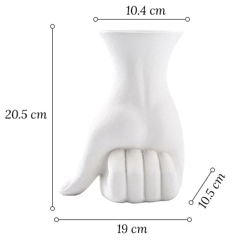 Vase design main poing fermé en céramique couleur blanc avec dimensions sur fond blanc