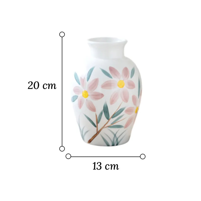 Vase Fantaisie Motif Fleurs Peint à la Main dimensions du modèle A 20 cm sur fond blanc.