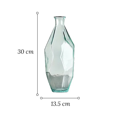 Vase géométrique polygonale transparent en verre dimensions du modèle Haut sur fond blanc