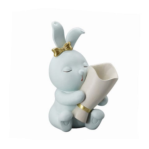 Vase petit  lapin coloré avec nœud décoratif en Résine décoratif Modèle Bleu claire fond blanc