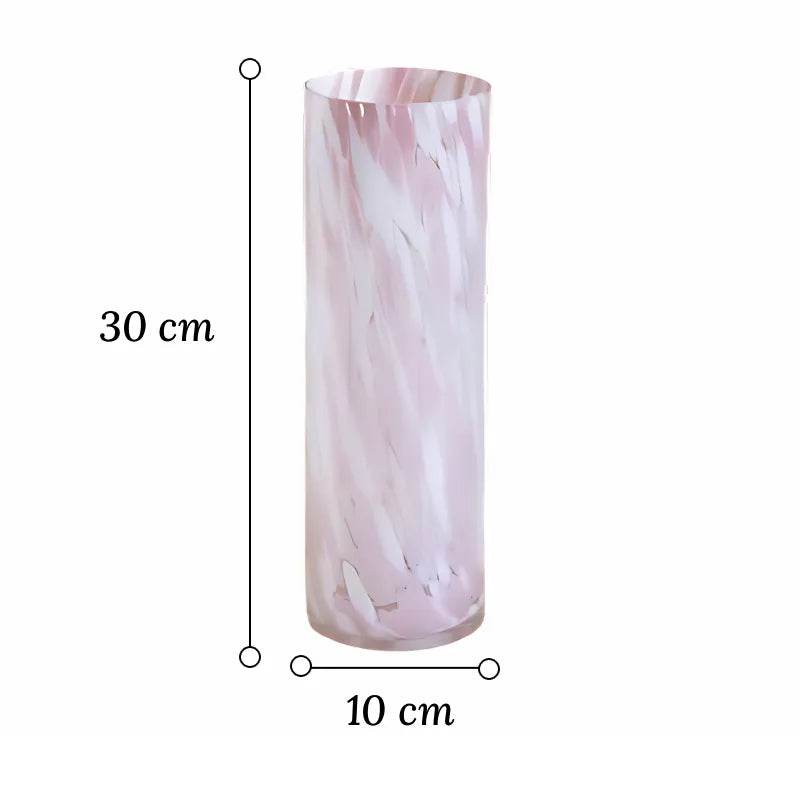 Vase Longiligne Décoratif Rose Laiteux dimensions du modèle A 30 cm sur fond blanc.
