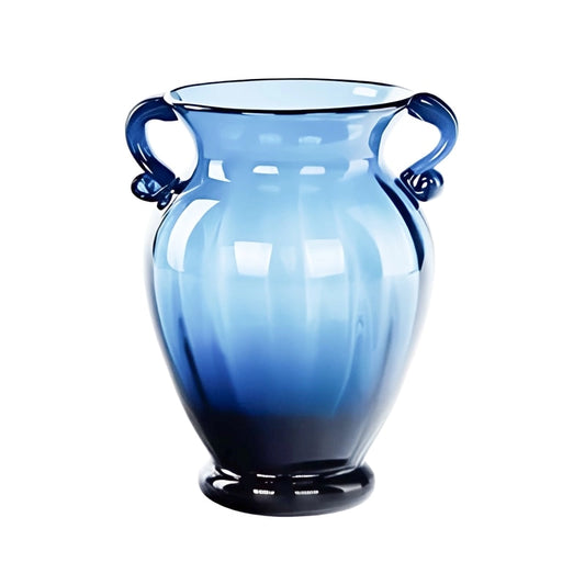 Vase Moderne Amphore Bleu avec Anses présentation sans fleurs sur fond blanc.