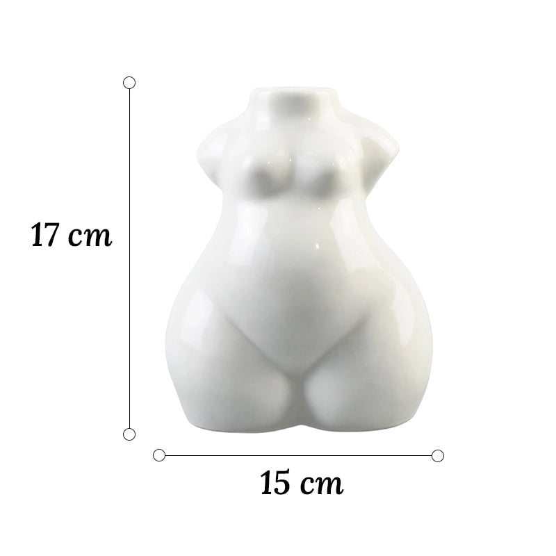Vase Moderne Blanc Silhouette Féminine dimensions du modèle A, 17 cm sans fleurs sur fond blanc.