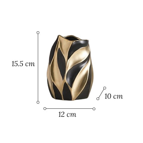 Vase noir motif flammes dorées en céramique modèle noir petit présentation avec dimensions sur fond blanc