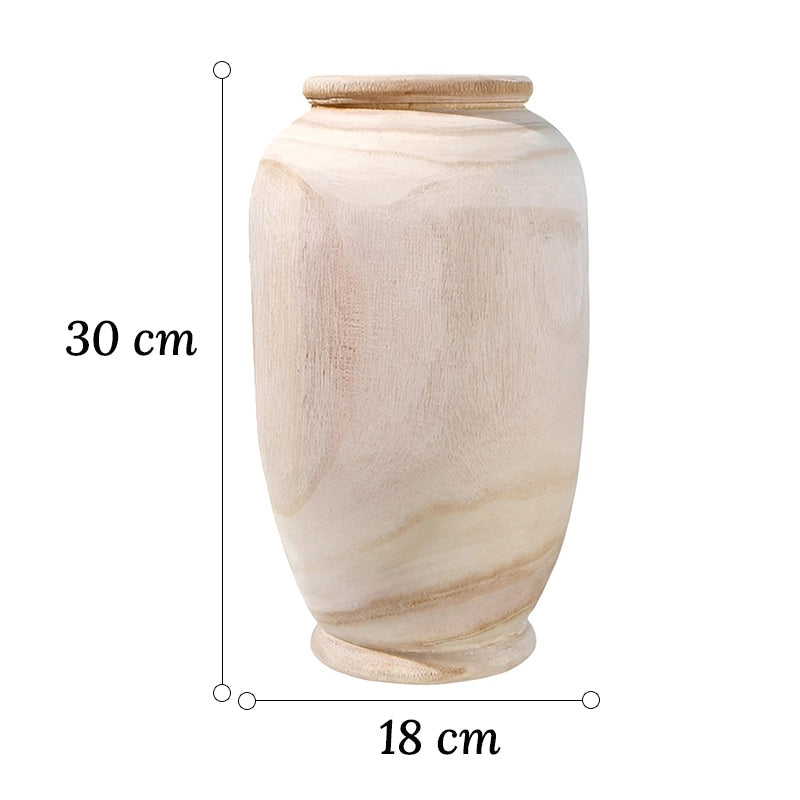 Vase Ovale Artisanal Rustique en Bois, dimensions du modèle L 30 cm sur fond blanc sans fleurs.