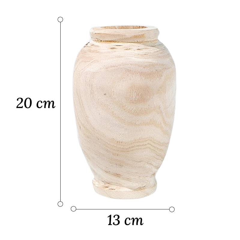 Vase Ovale Artisanal Rustique en Bois, dimensions du modèle S 20 cm sur fond blanc sans fleurs.