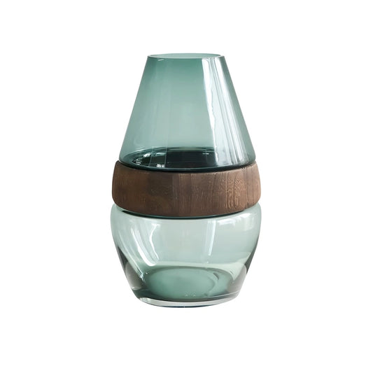 Vase Ovale Transparent avec Anneau en Bois Décoratif sur fond blanc sans fleurs.