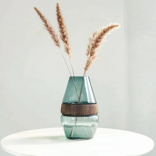 Vase Ovale Transparent avec Anneau en Bois Décoratif, présentation avec fleurs de pampas sur une table ronde blanche.