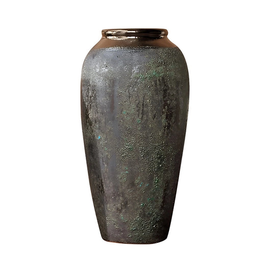 Vase Ovoïde en Grès Vieilli Finition Patinée Col Bronze présentation du modèle L sans fleurs sur fond blanc.