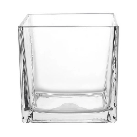Vase Petit Cube Décoratif Transparent modèle 18 cm sur fond blanc sans fleurs.