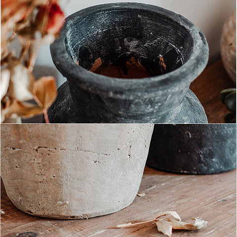 Vase poterie artisanale rétro en céramique détails du col et de la base du vase