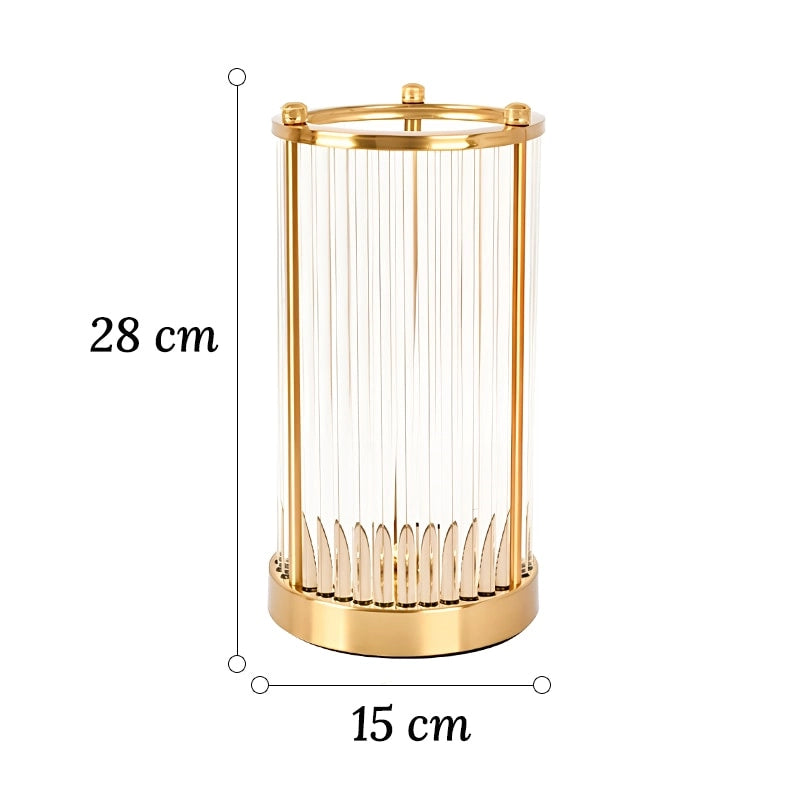 Vase Raffiné Colonne Transparente Cadre Doré dimensions du modèle Grand 28cm sur fond blanc sans fleurs.
