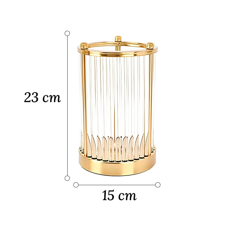 Vase Raffiné Colonne Transparente Cadre Doré dimensions du modèle Petit 23cm sur fond blanc sans fleurs.