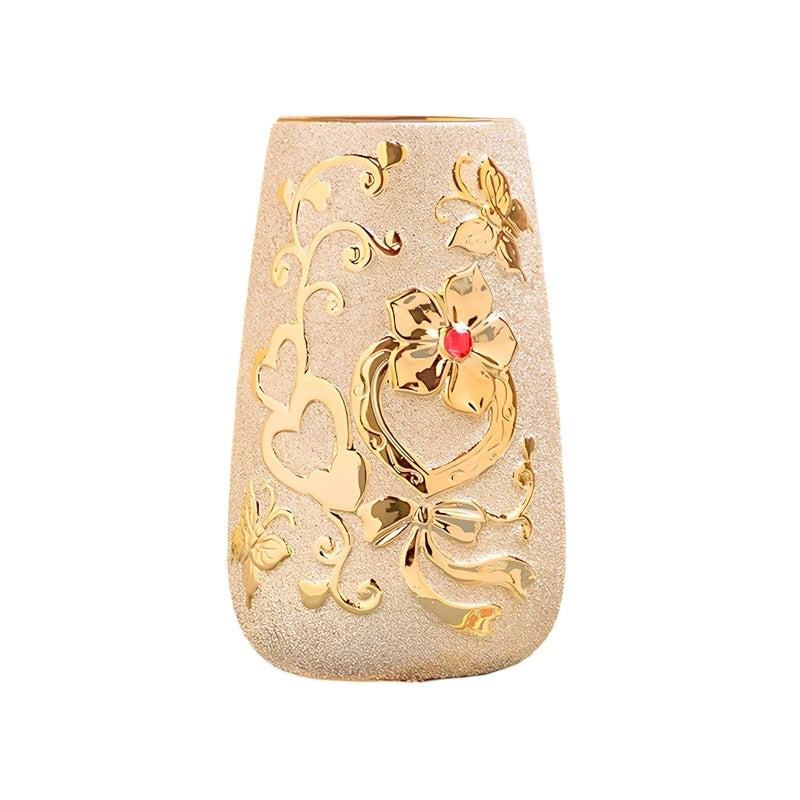 Vase Raffiné Givré Doré Motifs Cœurs et Papillons en Céramique modèle A 22cm.