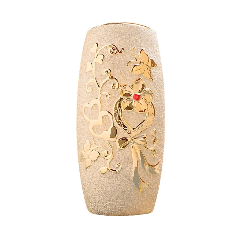 Vase Raffiné Givré Doré Motifs Cœurs et Papillons en Céramique modèle B 32cm.