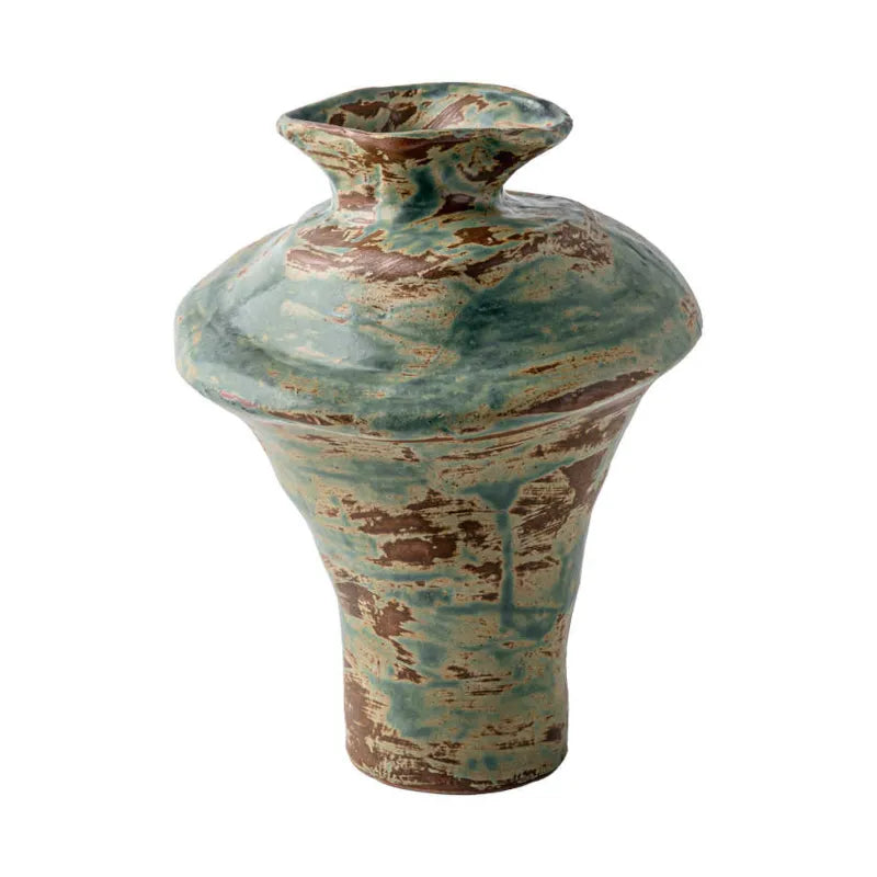 Vase Rétro Wabi Sabi Nuancé Vert et Marron sur fond blanc.