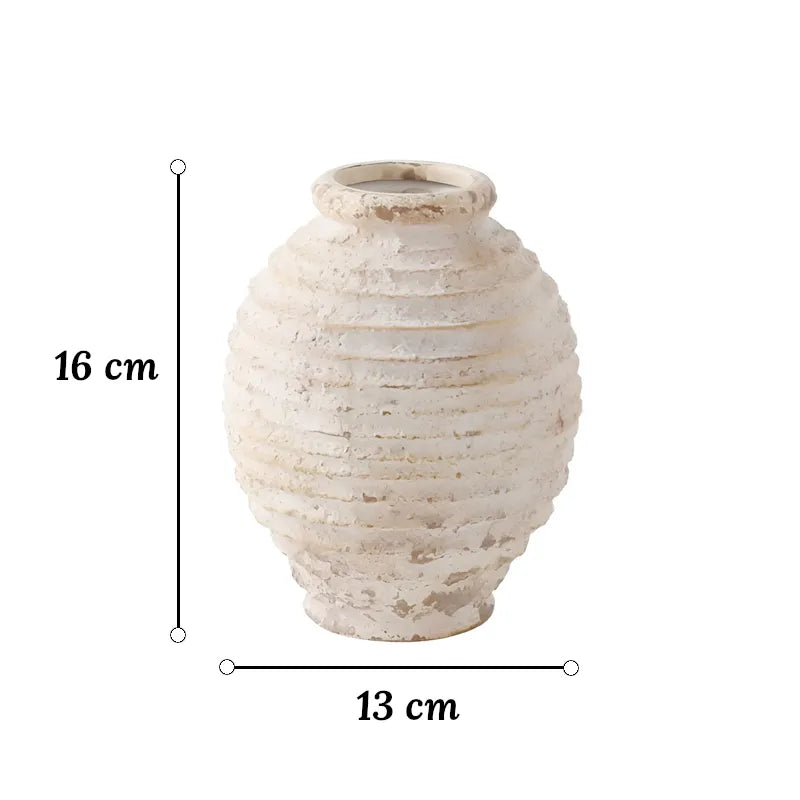 Vase Rustique Beige Cerclages Horizontaux dimensions du modèle S 16 cm sur fond blanc.