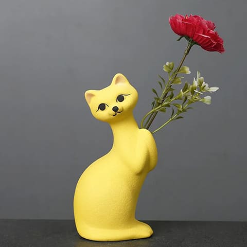 Vase soliflore chat mignon modèle jaune présentation avec fleur & tiges vertes
