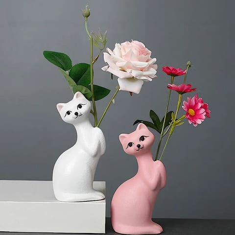 Vase soliflore chat mignon modèles blanc et rose présentation avec fleurs