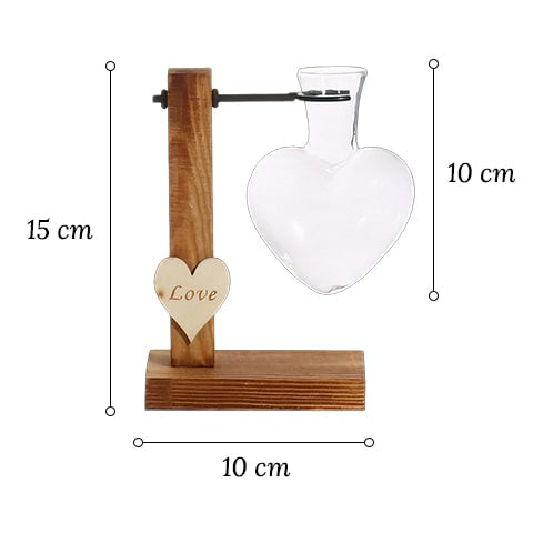 Vase soliflore forme cœur avec support en Verre & bois soliflore Cœur dimensions sur fond blanc