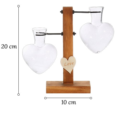 Vase soliflore forme cœur avec support en Verre & bois soliflore Duo Cœurs dimensions sur fond blanc