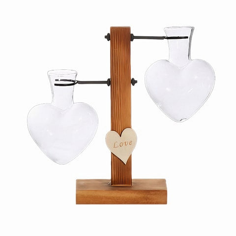 Vase soliflore forme cœur avec support en Verre & bois soliflore Duo Cœurs