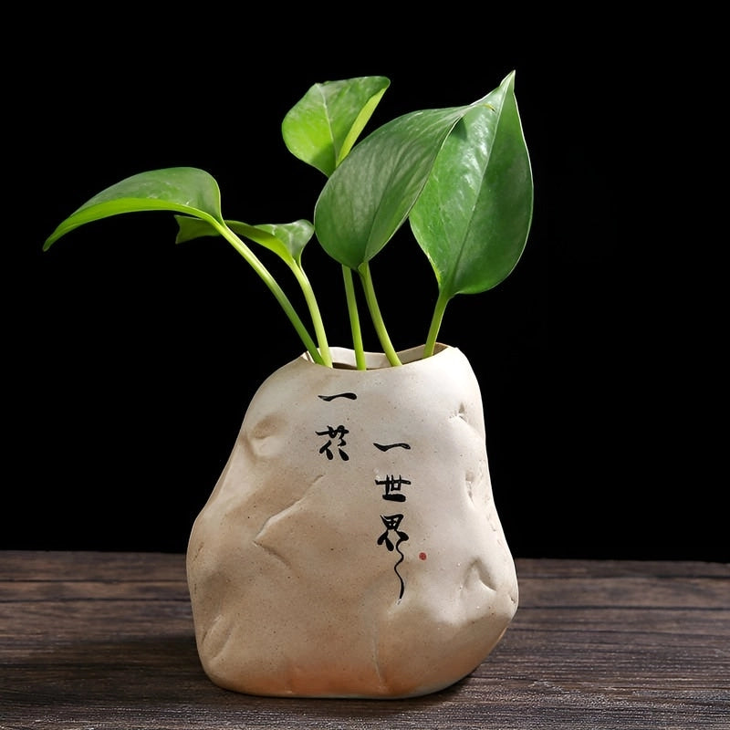 Vase Soliflore Mini-Rocher Zen présentation du modèle C avec plante verte sur une table en bois.