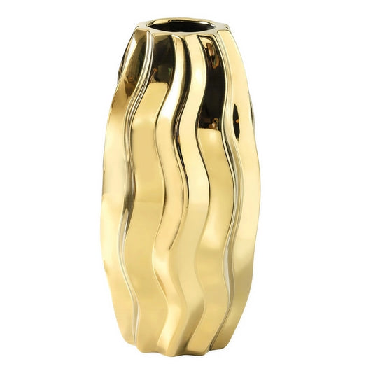Vase Sophistiqué Doré Lignes Verticales Ondulées sur fond blanc sans fleurs.