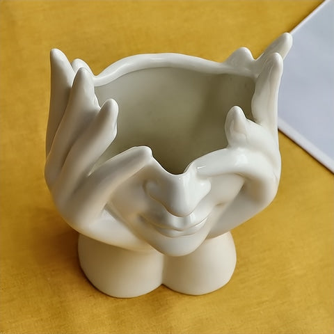 Vase tête pensante blanc brillant en Céramique détails du col 