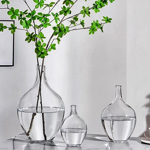 Vase transparent Dame Jeanne en verre présentation de tous les modèles sur une table avec fleurs