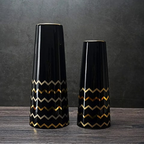 Vase trapèze noir motif doré présentation modèles Grand et Petit sans fleurs