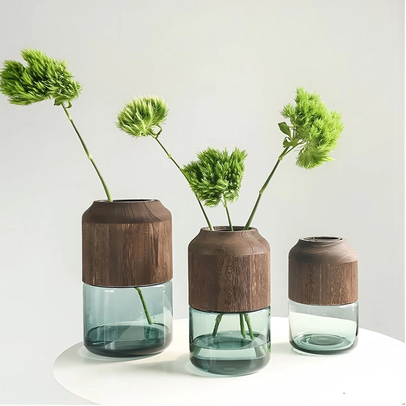 Vase Tubulaire Transparent Bi-Matières présentation des modèles Grand et Petit avec fleurs.