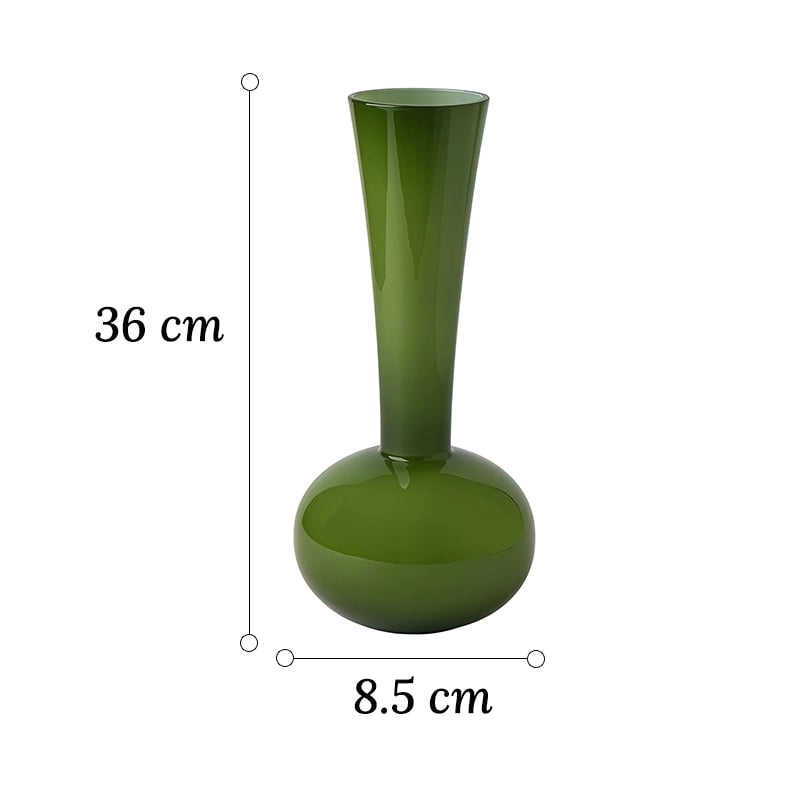 Vase Vert Boule au Col Élancé, dimensions du modèle Grand 36 cm sur fond blanc.