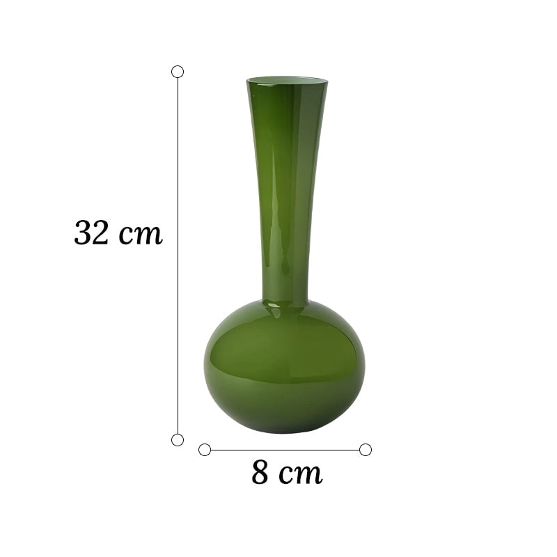 Vase Vert Boule au Col Élancé, dimensions du modèle Petit 32 cm sur fond blanc.