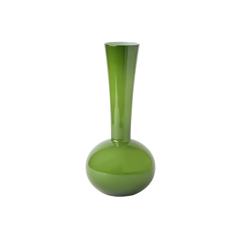 Vase Vert Boule au Col Élancé, présentation du modèle Petit 32 cm sur fond blanc sans fleurs.