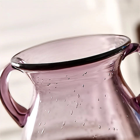 Vase violet verre bullé avec anses en verre détails du col