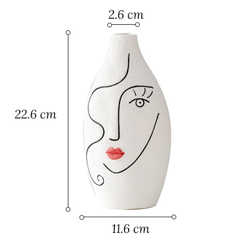 Vase visage femme peint à la main en céramique dimensions du modèle B sur fond blanc