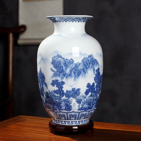 Vase vintage chinois Style Paysage bleu & blanc sur socle présentation