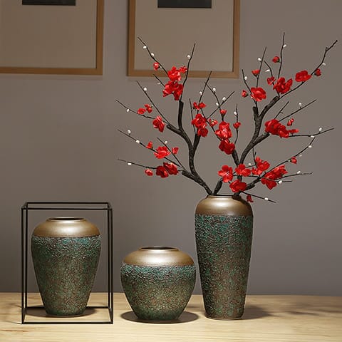 Vase de table décor Zen style Art Antique en Céramique, présentation styles A et B avec fleurs.