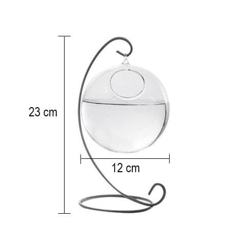 Vase en verre boule suspendue sur pied  Verre & Fer Forgé dimensions support fer forgé & boule en verre transparent