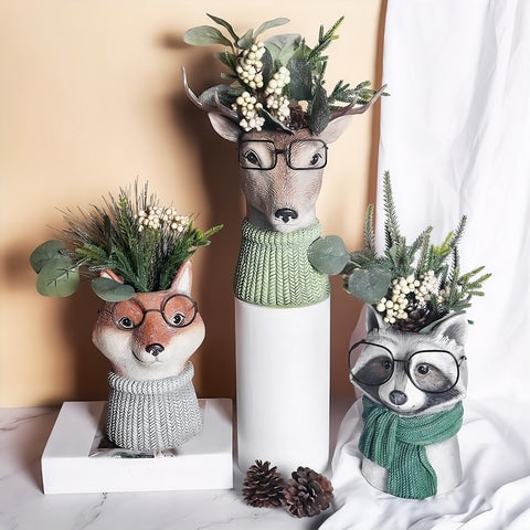 Vase fantaisiste réaliste animal - Résine original Styles Renard avec fleurs & Biche avec fleurs & Panda roux gris avec fleurs présentation