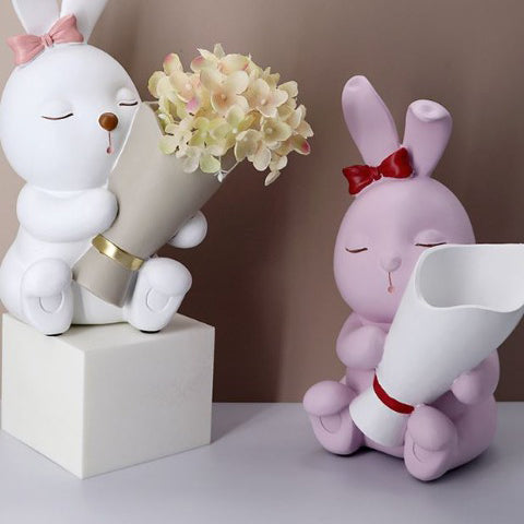 Vase petit  lapin coloré avec nœud décoratif en Résine décoratif Présentation Modèles Violet clair & Blanc 
