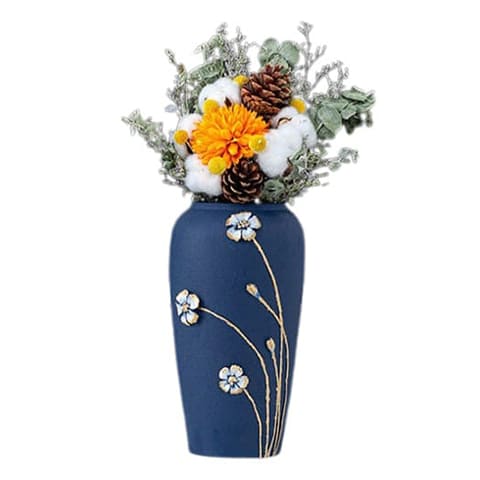 Vase monochrome bleu ou noir en Céramique Couleur Bleu avec bouquet de fleurs présentation sur fond blanc