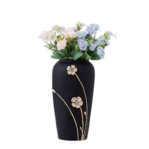 Vase monochrome bleu ou noir en Céramique Couleur Noir avec bouquet de fleurs présentation sur fond blanc