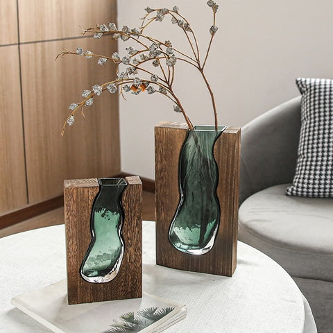 Vase soliflore transparent incrusté dans un cadre en Verre & bois soliflore Styles Vert foncé 3 & Vert foncé 1 avec fleurs présentation 